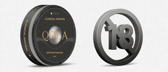 QOLA nicotine pouch beside an 18+ age restriction symbol